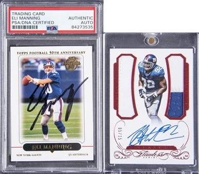 New York Giants Greats Michael Strahan and Eli Manning Game Used and Signed Card Pair (2-Card Lot) - PSA/DNA
